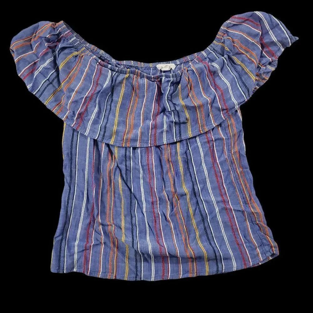 Socialite size small off the shoulder multicolored striped ruffle top